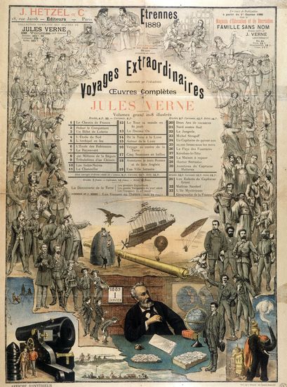 Poster encomendado por Pierre-Jules Hetzel em 1889 para anunciar a série Viagens Extraordinárias, de Julio Verne
