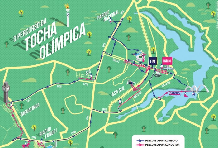 Mapa da passagem da tocha olímpica pelo Distrito Federal