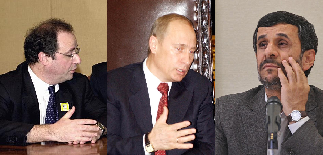 François Hollande (à esq.), Vladimir Putin e Mahmoud Ahmadinejad