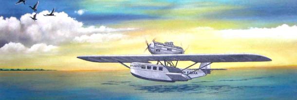 Concepção artística do aerobote alemão Dornier Wal, primeira aeronave operada na aviação comercial brasileira, em 1927